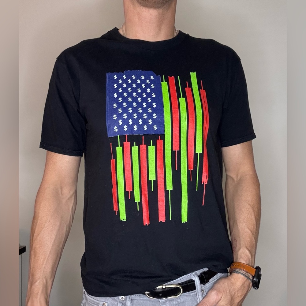 Black Graphic Stock Market T-Shirt with Flag Design